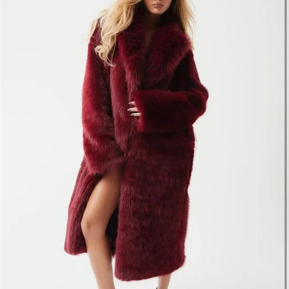 Luxurious Red midi trench long Faux Fur Coat - Picture 4 of 6